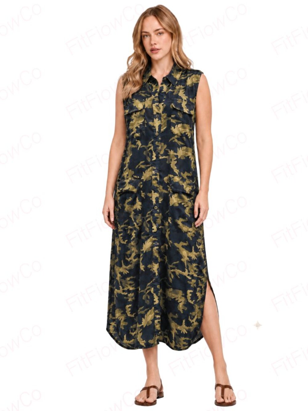 Equipment Femme Parkin 100% Silk Camo Utility Midi Shirt Dress Size L